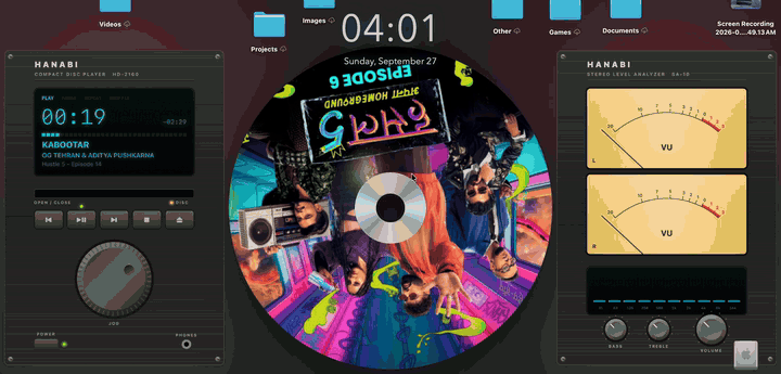 A song's cover printed on a spinning CD between the CD deck and the stereo analyzer