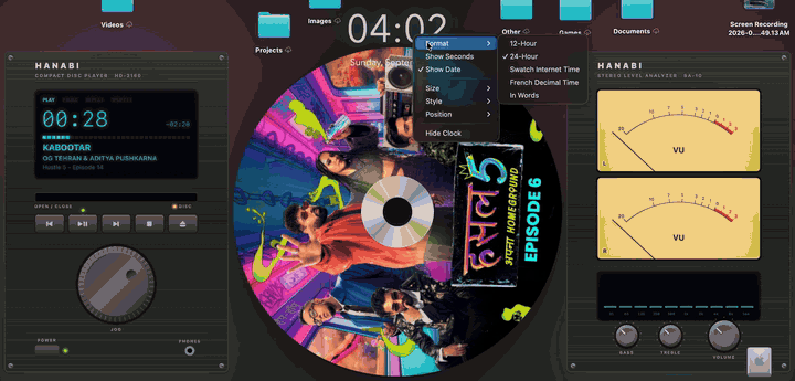 Right-clicking the desktop clock to change its format